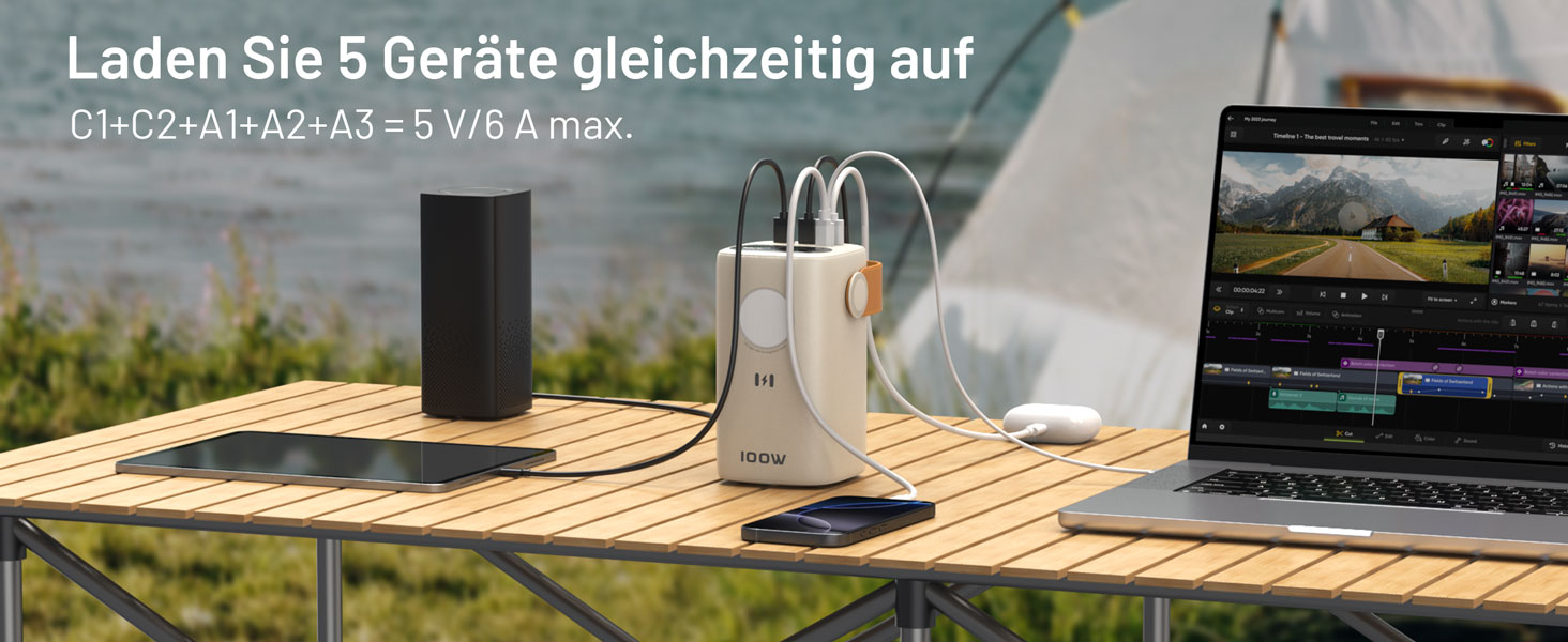 Power Bank Selore&S 60000mAh 100W з 5 портами USB-C для iPhone, Samsung, MacBook, iPad та інших пристроїв (Великий, Абрикосовий)