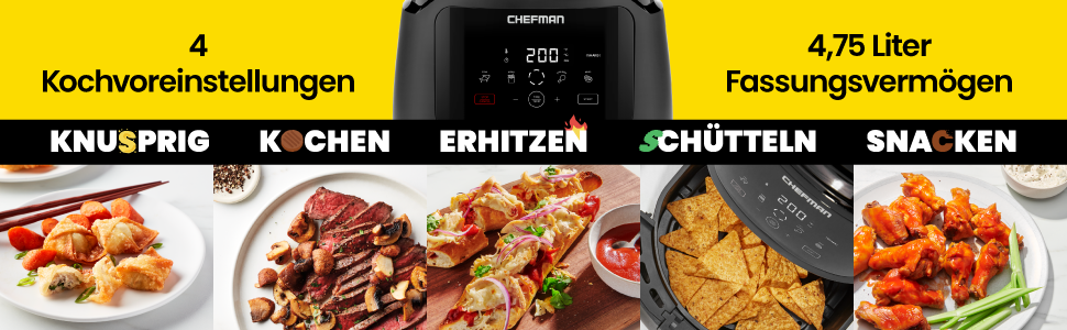 Фритюрниця Chefman з цифровим керуванням, 4.75 л, для сім'ї, сенсорне управління, для картоплі фрі, курки, м'яса, риби, з антипригарним покриттям, деталі придатні для миття в посудомийній машині, автоматичне вимкнення, чорна