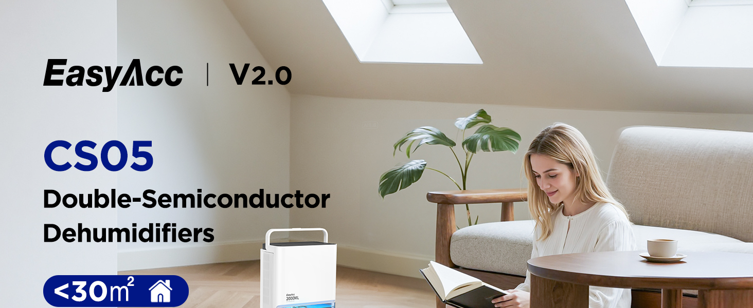 EasyAcc Електричний осушувач повітря 2000мл, продуктивність 500-650мл/день, 3 режими, автоматичне відтанення, LED-підсвітка 7 кольорів, автовимкнення, для приміщень до 20 м²