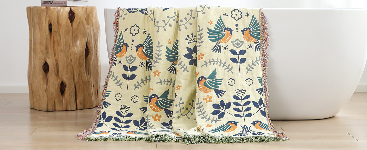Двосторонній плед Boho 100% бавовна 200×230 см, мусліновий покривало для дивану, крісла та ліжка, м'який і затишний, синьо-бежевий