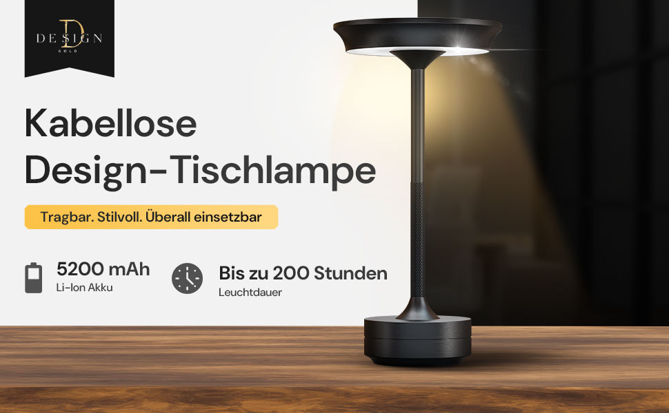 LED настільна лампа бездротова - стильний дизайн з акумулятором та USB-C - 3 кольори світла та диммування - бездротова свобода для дому та вулиці - акумуляторна лампа з регулюванням яскравості (Чорний)