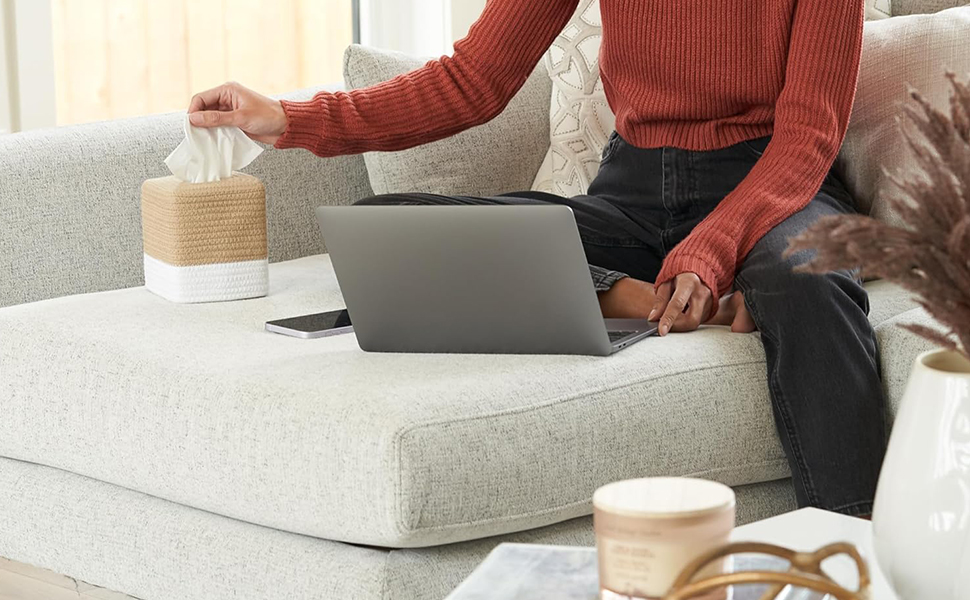 Стильна дерев'яна коробочка для серветок Rarapop – кубічна форма, бавовна, джут, білий колір, декор для ванної кімнати та офісу