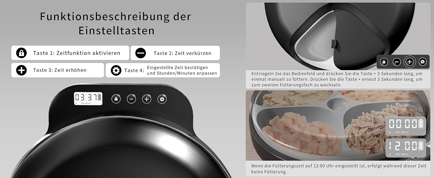 Автоматичний дозатор корму для котів та собак, 8oz*4 порції, з таймером, акумуляторний, з блокуванням, 2 охолоджуючі акумулятори (Чорний)