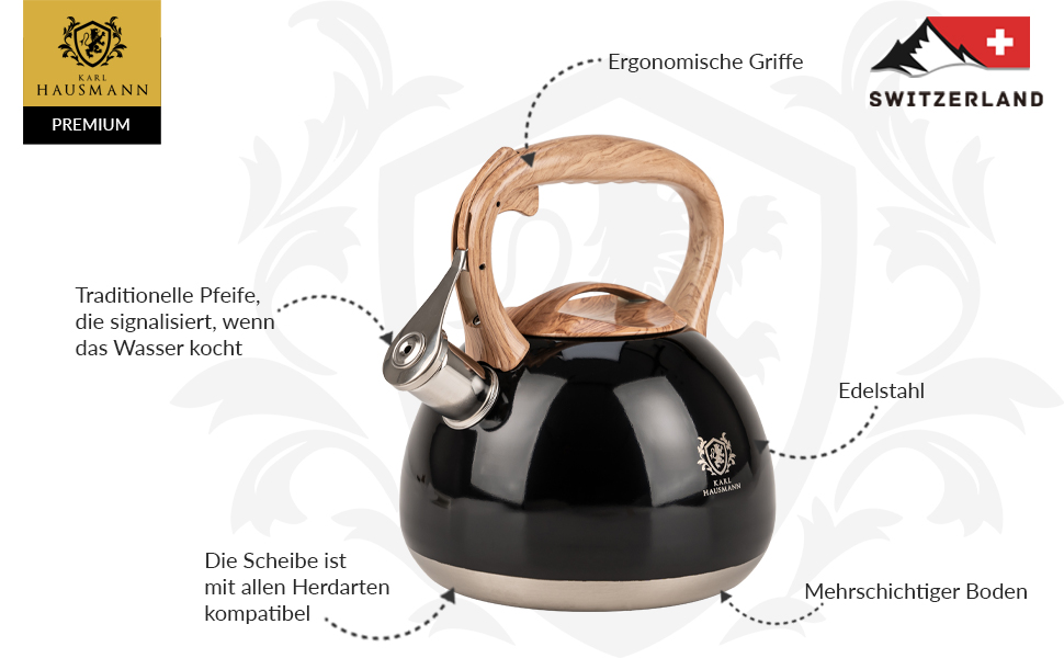 Чайник електричний KARL HAUSMANN Induktion 3L з автоматичним свистком - нержавіюча сталь, для індукційних, газових та електричних плит (Чорний)