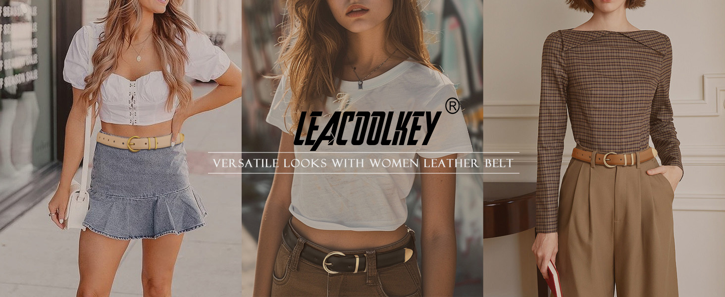 LEACOOLKEY: 3 жіночі шкіряні ремені-коси для джинсів та суконь. В'язані ремені з металевою блискавкою (100 см). Розмір: 66-76 см. Кольори: чорний, коричневий, бежевий.