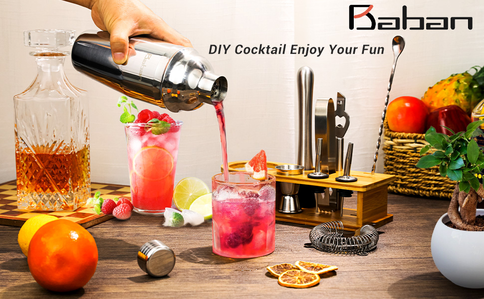 Набір для коктейлів Baban Edelstahl, 10 предметів: шейкер, підставка з бамбука, мірний стакан, барна ложка, 750 мл. Подарунок для дому або бару