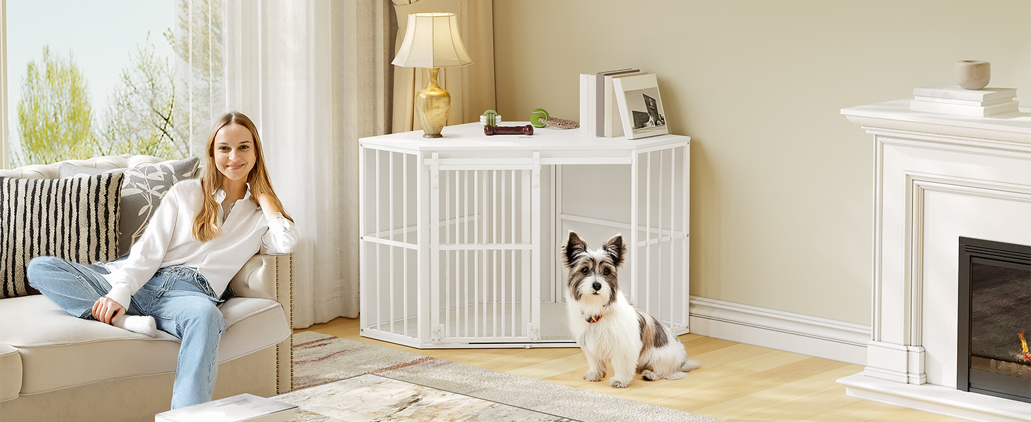 Клітка для собак Hzuaneri Eck-Hundekäfig: зручна собача будка з подушкою та розсувними дверима, 107 x 59,6 x 64 см, білий колір, DFC85903W