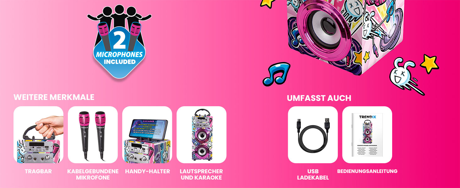 Караоке машина Trendix для дітей Party Edition Рожева з 2 мікрофонами, USB, Bluetooth, FM-радіо та SD-картою | Дитяча музична колонка з мікрофоном | Подарунок
