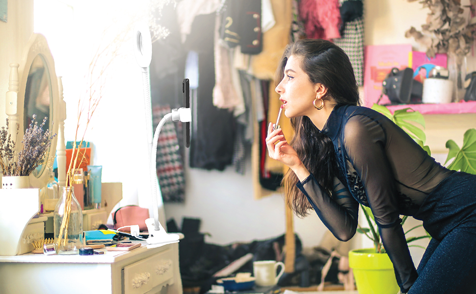 DIGIPOWER 11' кільцева лампа для макіяжу, YouTube, TikTok та Vlogging, регульована висота (58-168 см), 3 режими освітлення, 10 рівнів яскравості, тримач для телефону (iOS/Android), складана