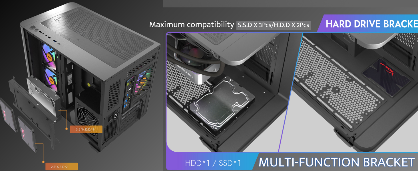 darkFlash ATX корпус для ігрового ПК з 4 ARGB вентиляторами, скло для повного огляду, 2 камери, Type-C, підтримка 2 AIO 360мм, чорний (DPW90)