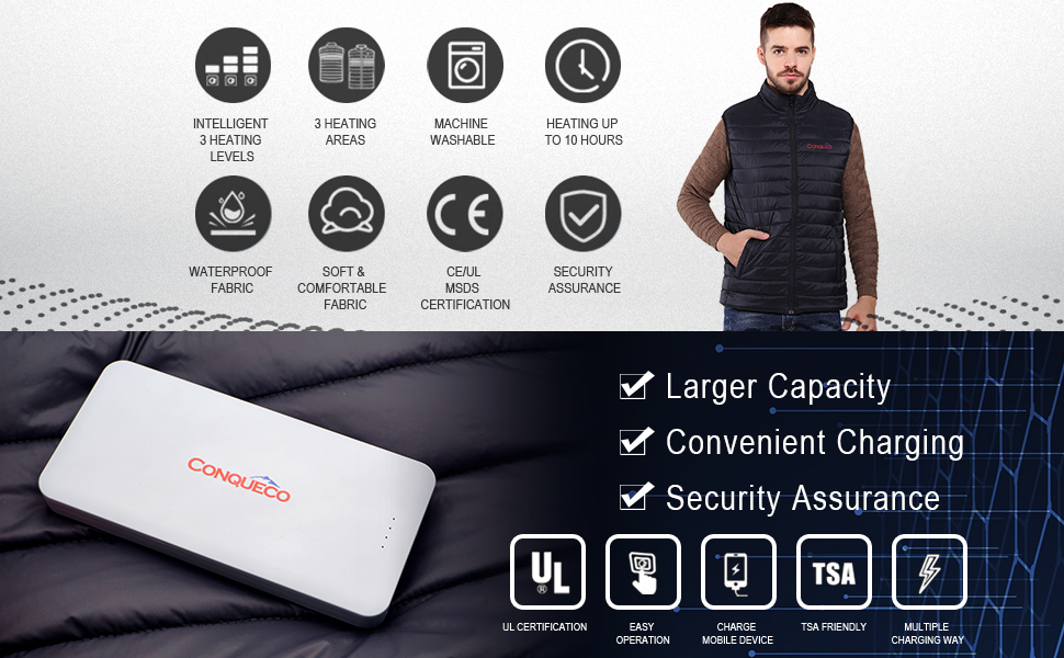 CONQUECO Обогревна жилетка для жінок з акумулятором: степна жилетка для зими з акумулятором 10000mAh та зарядним пристроєм для активного відпочинку, катання на лижах, повсякденного носіння, чорна, розмір M