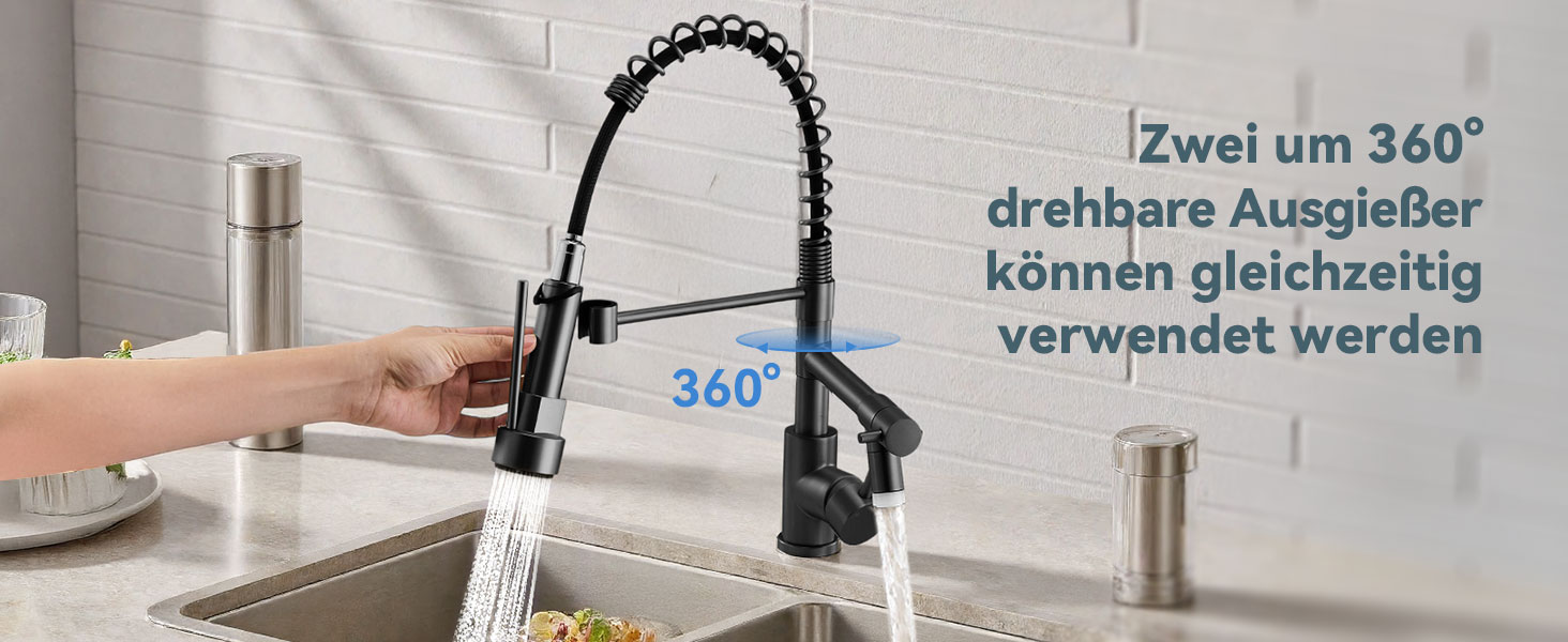 LED кухонний змішувач Warmiehomy з поворотним виливом 360°, 2 виходи, високий вигин, спіральна пружина, чорний