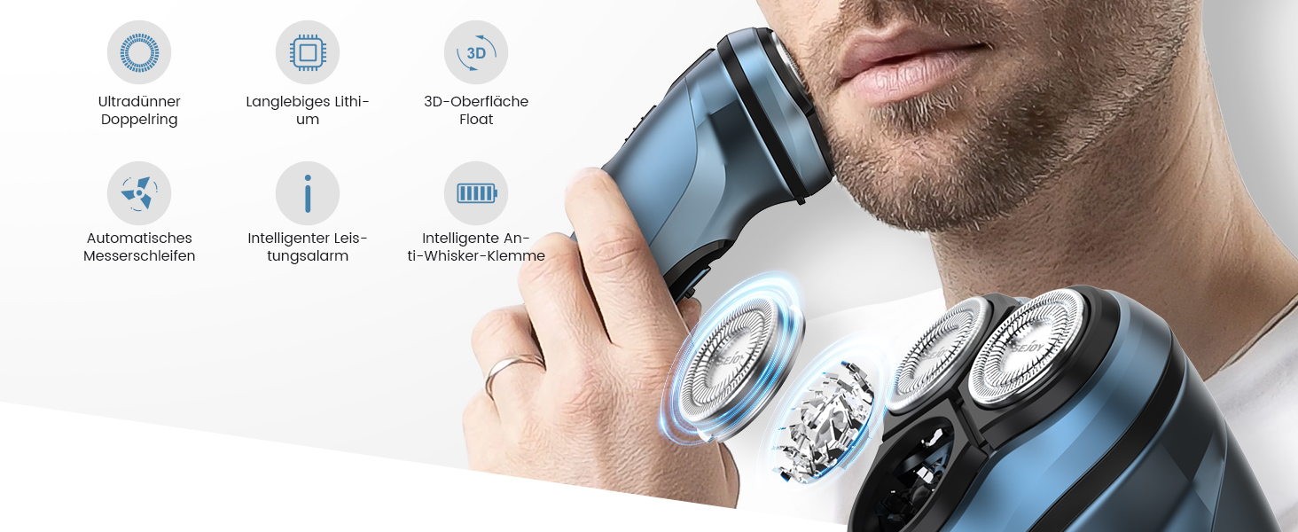 Електричний чоловічий бритва Sejoy, сухою, з підзарядкою, з висувним тримером, швидка зарядка за 1 годину, 3D плаваюча головка, LCD дисплей (синій)