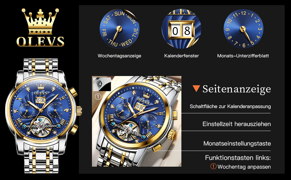 Чоловічий скелетон-годинник OLEVS 9910: кварцовий спортивний годинник з водовідштовхувальним корпусом, сталевий браслет (золото-срібло) та зелений циферблат