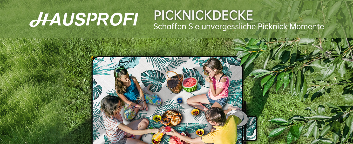 Плед для пікніка HAUSPROFI 200x300 см, водонепроникний, ізольований, XXL. Для пікніка, пляжу, кемпінгу. Бавовняна підкладка, ручка для перенесення, кілочки. Зручний, миючий, тримає форму. Зелений рослинний принт.