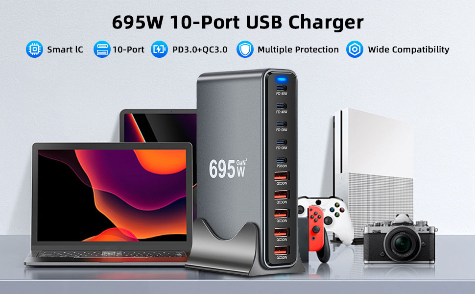 Зарядний пристрій Arceli USB-C 695W 10 портів GaN III: швидка зарядка для iPhone 16/15/14 Pro Max, Samsung Galaxy, MacBook, планшетів, ноутбуків