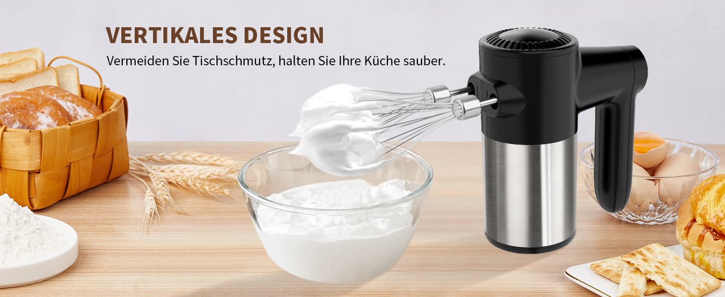 Бездротовий міксер з цифровим дисплеєм, 7 швидкостей, акумуляторний, з 6 насадками з нержавіючої сталі (міксер, вінчик, гачок для тіста) та підставкою для зберігання