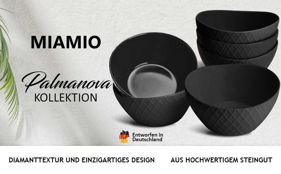 Набір мисок Miamio Palmanova (6 шт., 800 мл) – чорний, матові миски для мюслі та інших страв
