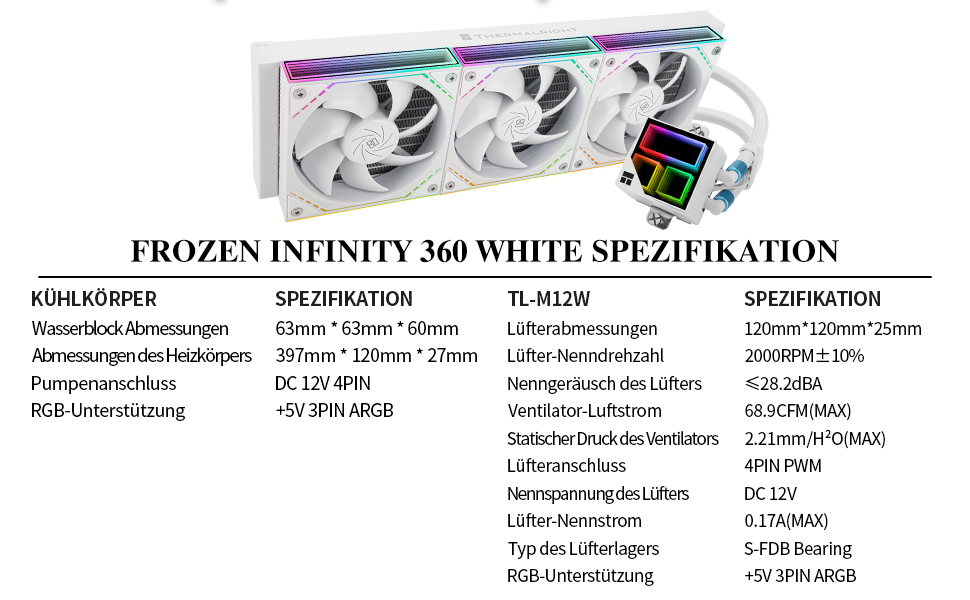 Thermalright Frozen Infinity 360 WHITE - рідинний кулер CPU з трьома вентиляторами, 2000 RPM, для AM4/AM5, Intel LGA115X/2011/1700/1851