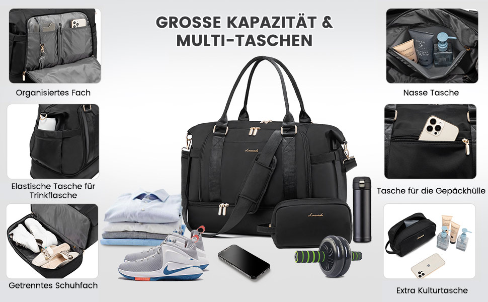 Спортивна сумка LOVEVOOK для подорожей: жіноча дорожня сумка-мішок, weekender, з органайзером, відділенням для взуття та мокрих речей, водонепроникна, 42L, чорна