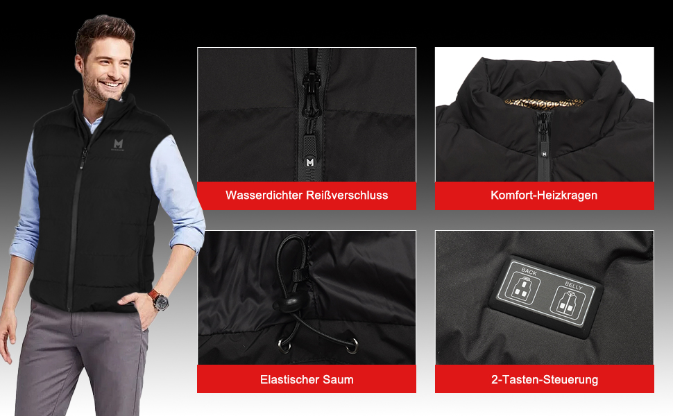 Обогревна жилетка для чоловіків та жінок, 6 зон нагріву, 3 температурні режими, для зимових видів спорту на відкритому повітрі, чорна жилетка з пухом, Back-EU (L)