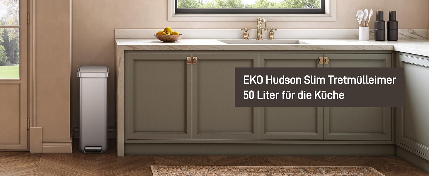 Відро для сміття EKO Madison 30L з винімним контейнером, м'яким закриттям кришки, стійке до відбитків пальців, нержавіюча сталь, прямокутне, з мішками для сміття 20 шт. (50L)