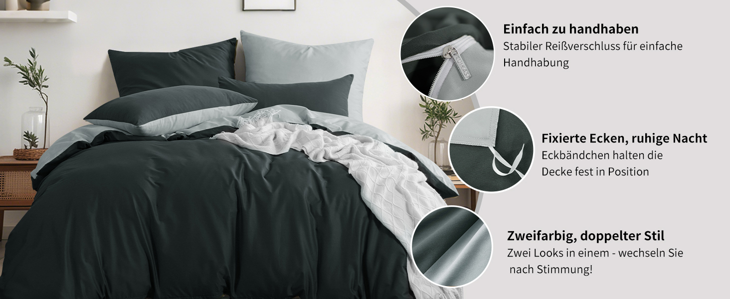 Комплект постільної білизни RUIKASI 135x200 з бавовни (4 частини) сірий - комплект постільної білизни з ремінцем, двоколірний комплект 2 шт. антрацит та світло-сірий