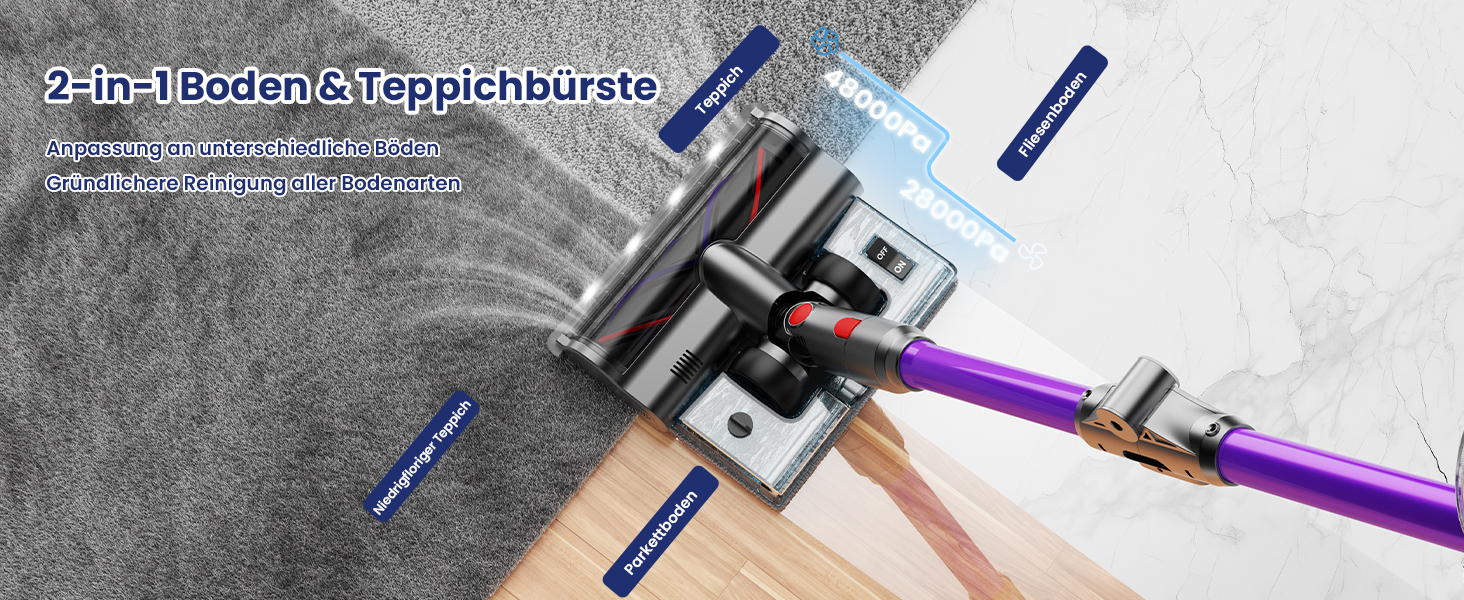 Бездротовий акумуляторний пилосос A12 з функцією миття підлоги, 8-в-1, 48Kpa, 550W, 70 хвилин, з сенсорним екраном, об'єм контейнера 1,5 л, док-станція для стін, підходить для килимів, авто, шерсті тварин, фіолетовий