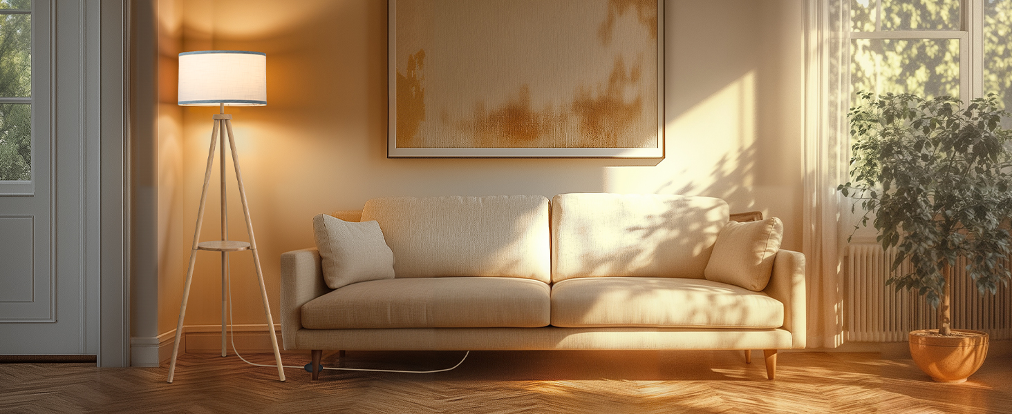 Стельова лампа на тренозі з полицею, з пульт керування, 3 колірні температури, для вітальні, спальні, офісу, бежевий абажур, стиль бері, декор