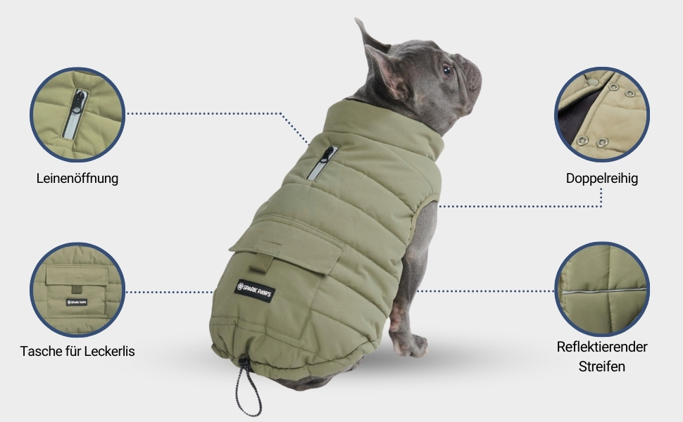 Зимова куртка для собак Spark Paws Warmshield™, флісова, водовідштовхувальна, вітрозахисна, з відбиваючими елементами, для середніх і великих порід, захист від холоду, парка, оливкова, розмір M (5-7 кг)