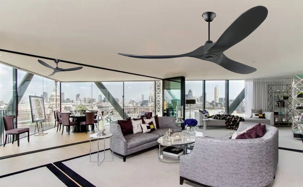 Чорний стельовий вентилятор з дерева (132 см) з пультом керування, тихий, для вологого приміщення