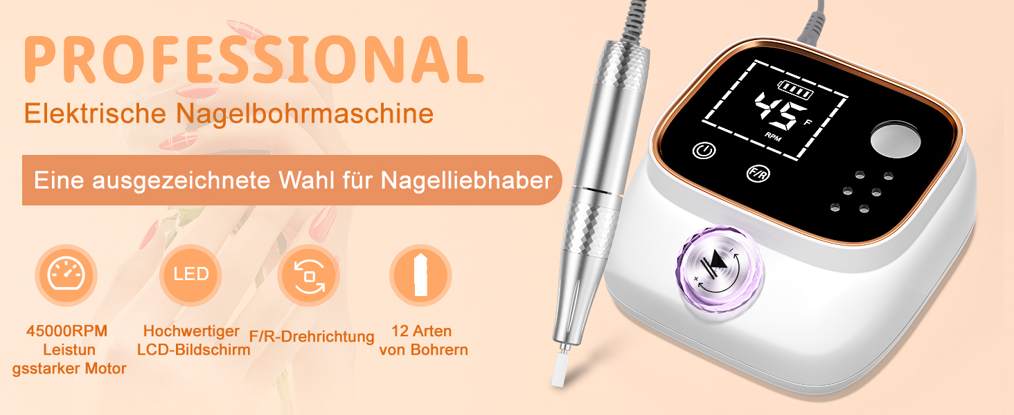 Електрична нігтьова пилка професійна 45000 об/хв з LCD-дисплеєм для гелю та акрилу, з фіксацією біт, набір для манікюру та педикюру, білий