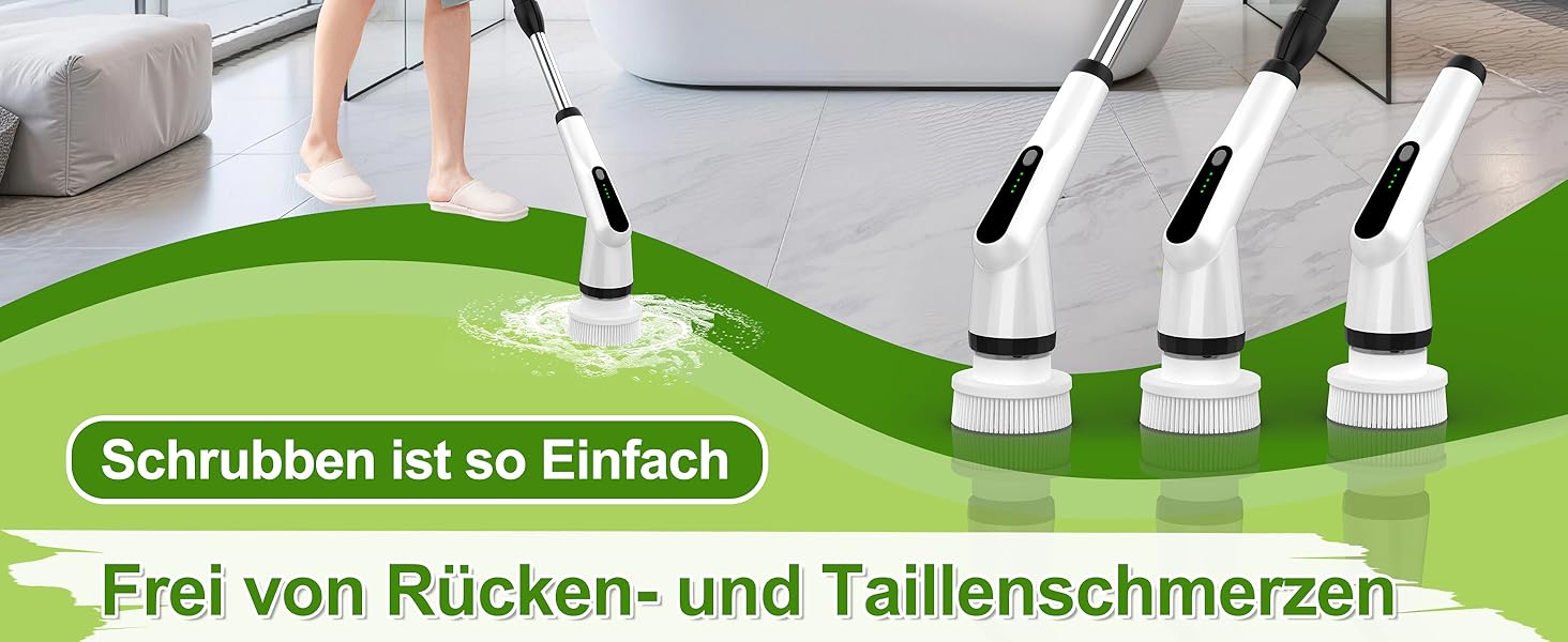Електрична щітка для прибирання з 7 насадок, водонепроникна IPX7, регульована ручка, для ванної, кухні, підлоги, авто, біла