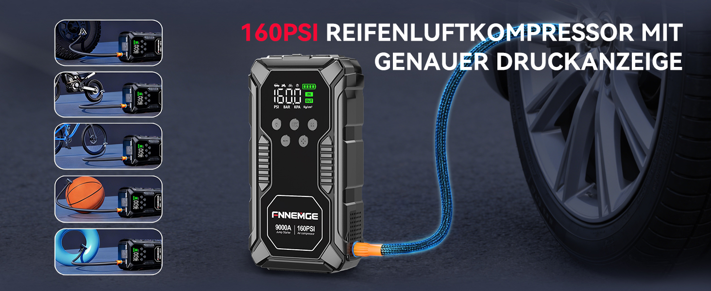 Пусковий пристрій FNNEMGE Powerbank 26800mAh 9000A з компресором 160PSI для авто 12В (бензин та дизель до 12.0л), бустер з USB-портом, LED-ліхтарем та LCD-дисплеєм
