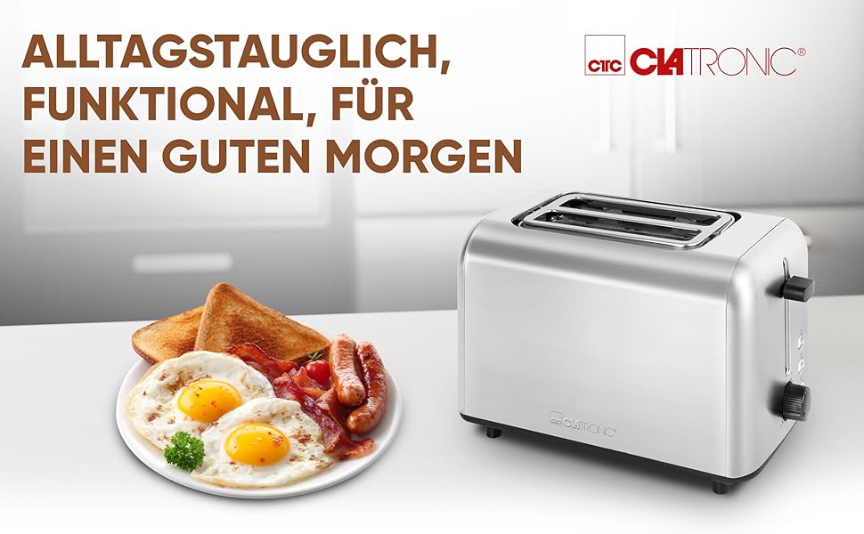 Тостер Clatronic TA 3822 з 2-ма тостами, підставка для хліба, нержавіюча сталь