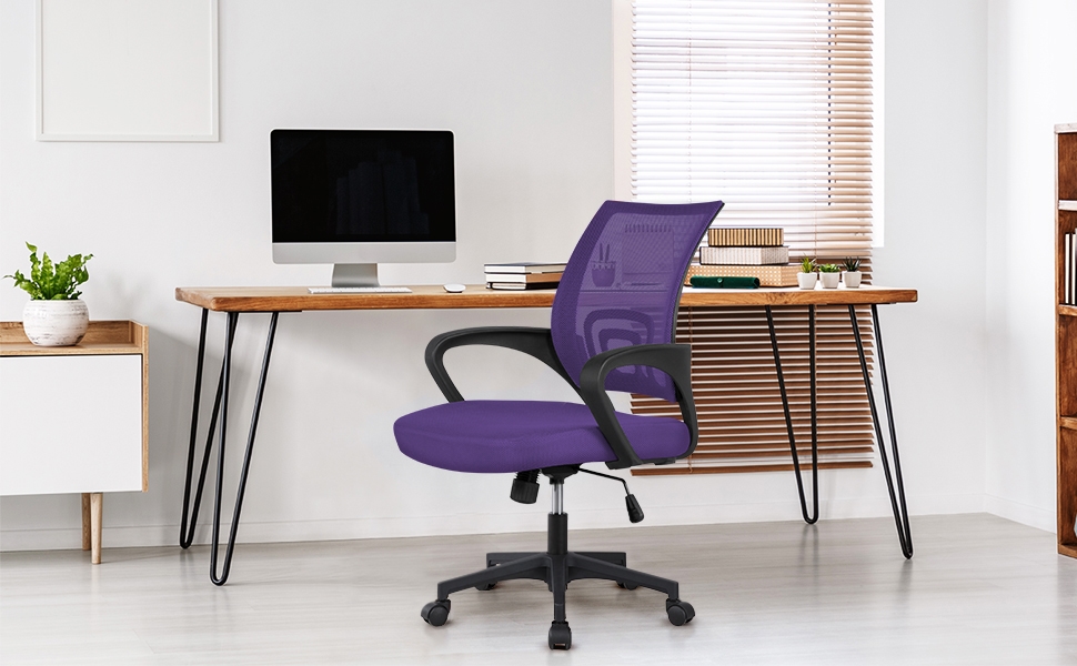 Офісне крісло Yaheetech ергономічне з сітчастою спинкою та підлокітниками, поворотне, для начальника, з функцією гойдання, регульоване по висоті, до 136 кг, фіолетове