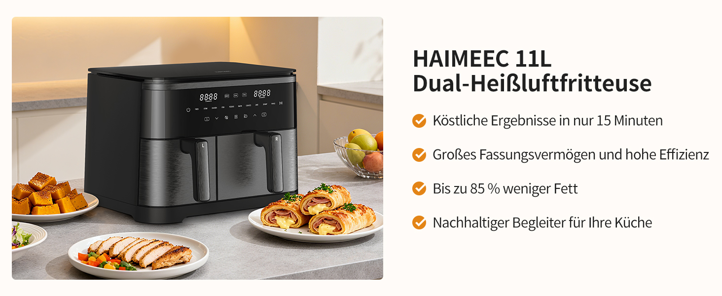 Електрична фритюрниця повітряна 11л, 2 камери з грилем, 10-в-1, без олії, з нагадуванням про струшування <60дБ, з антипригарним покриттям, 78 рецептів