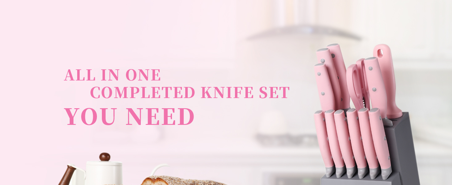 Набір ножів Hecef 14 предметів з дерев'яним блоком, професійний набір кухонних ножів з нержавіючої сталі, з ножицями/ножем для стейку/точильним інструментом (рожевий)