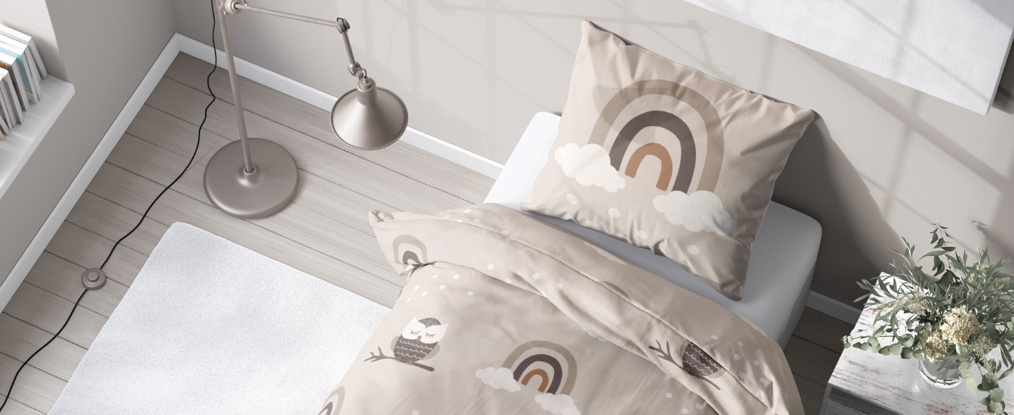 Дитяча постільна білизна 135x200/80x80, Райдуга, Сова та лісові тварини - преміум якість, приємна до шкіри - для дівчаток та хлопчиків - 100% бавовна (Сова), комплект постільної білизни Сова