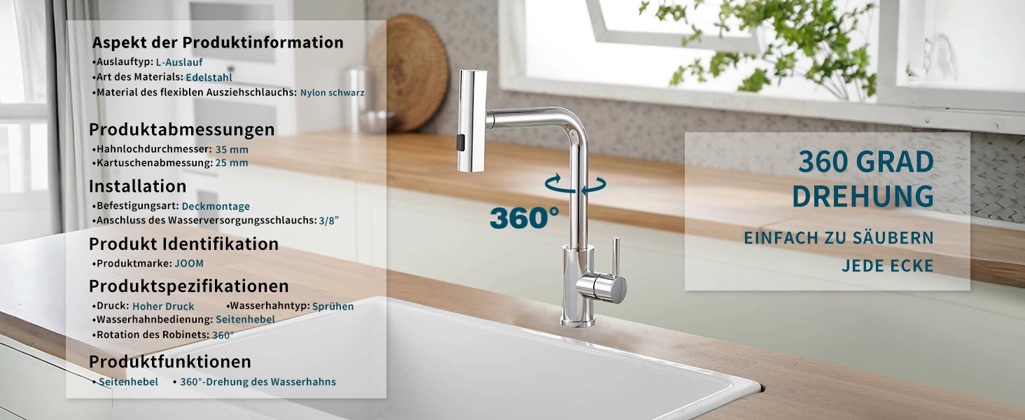 Чорний кухонний змішувач водопровідний з висувною лійкою та душем, 360° обертання, одноlever, матовий чорний