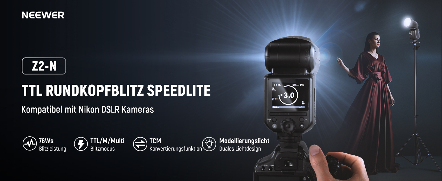 NEEWER Z2-N: Спалахувальний пристрій Speedlite для Nikon з радіосинхронізацією 2.4G, 76W, TTL/M, HSS 1/8000s, 2600mAh