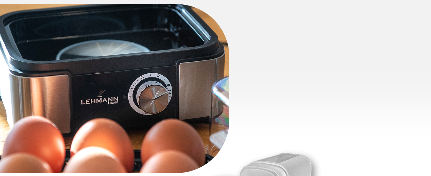 Яйцеварка Lehmann з нержавіючої сталі на 6 яєць - з регулюванням ступеня готовності та звуковим сигналом. 5 програм для ідеальних яєць, мірна склянка та знімач яєць. Сімейна версія.