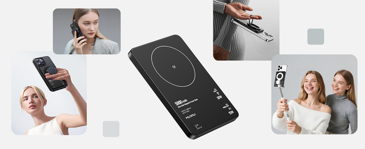 Power Bank KU XIU Magsafe 5000mAh: Тонкий, з підтримкою MagSafe, PD 20W, з кільцем-тримачем, чорний