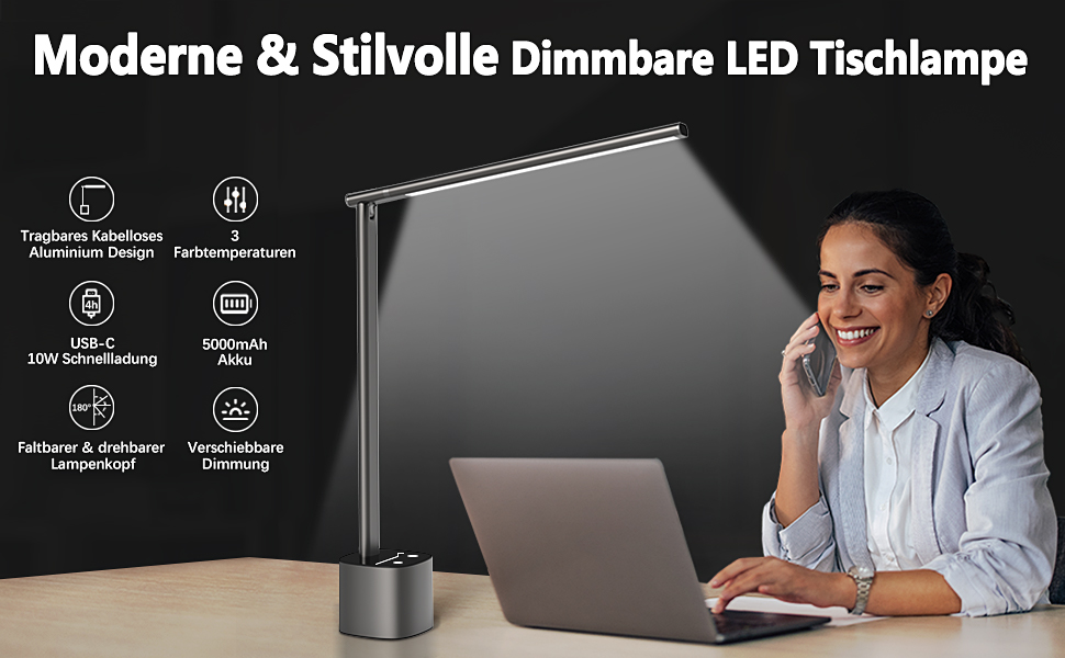 LED лампа настільна Hapfish з регулюванням яскравості, акумуляторна, з сенсорним керуванням, 5000mAh, для офісу, вулиці, приліжкові лампи (сіра)