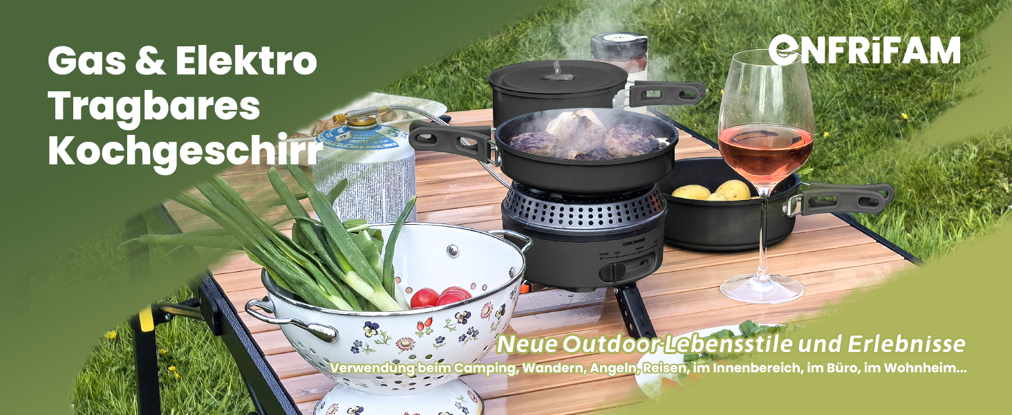 Набір кухонного посуду для кемпінгу на 2-4 особи: електричний та газовий котел 700W/2200W, посуд для кемпінгу, трекінгу, дому та вулиці (1 каструля + 2 сковорідки)