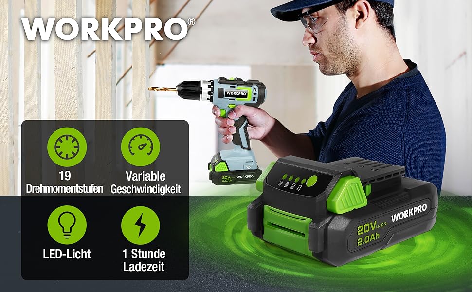 WORKPRO Акумуляторний шуруповерт 18V/20V з 16 насадками, крутним моментом 25NM та регульованою швидкістю, LED-підсвічуванням, 2-ма режимами обертання, акумулятором 2.0Ah Li-Ion та швидким зарядним пристроєм