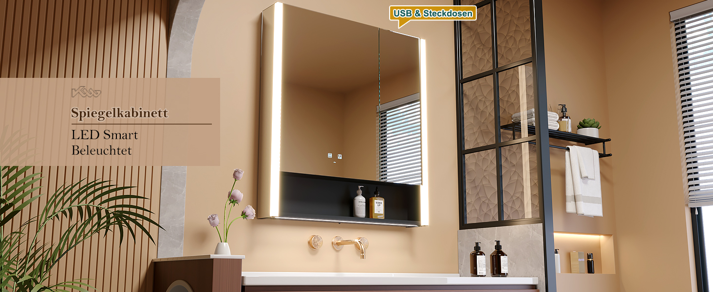 LED дзеркальна шафка у ванну кімнату KWW з підсвічуванням, регульованою температурою світла, антитуманним покриттям та USB-роз'ємами (2 дверцята, 80x70 см)