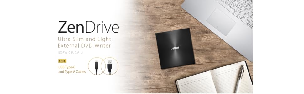 Зовнішній ультратонкий DVD-записувач Asus ZenDrive U9M USB-C/USB-A, сріблястий (для Apple та Windows, з кабелями та ПЗ)
