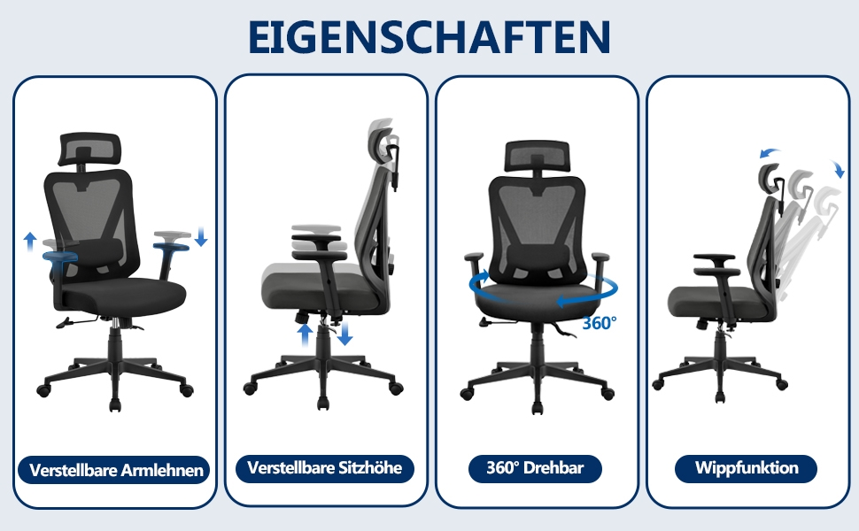 Офісне крісло Yaheetech ергономічне, регульована спинка, підголівник, підлокітники, поперекова підтримка, поворотне, регулювання нахилу 90°-130°, чорне