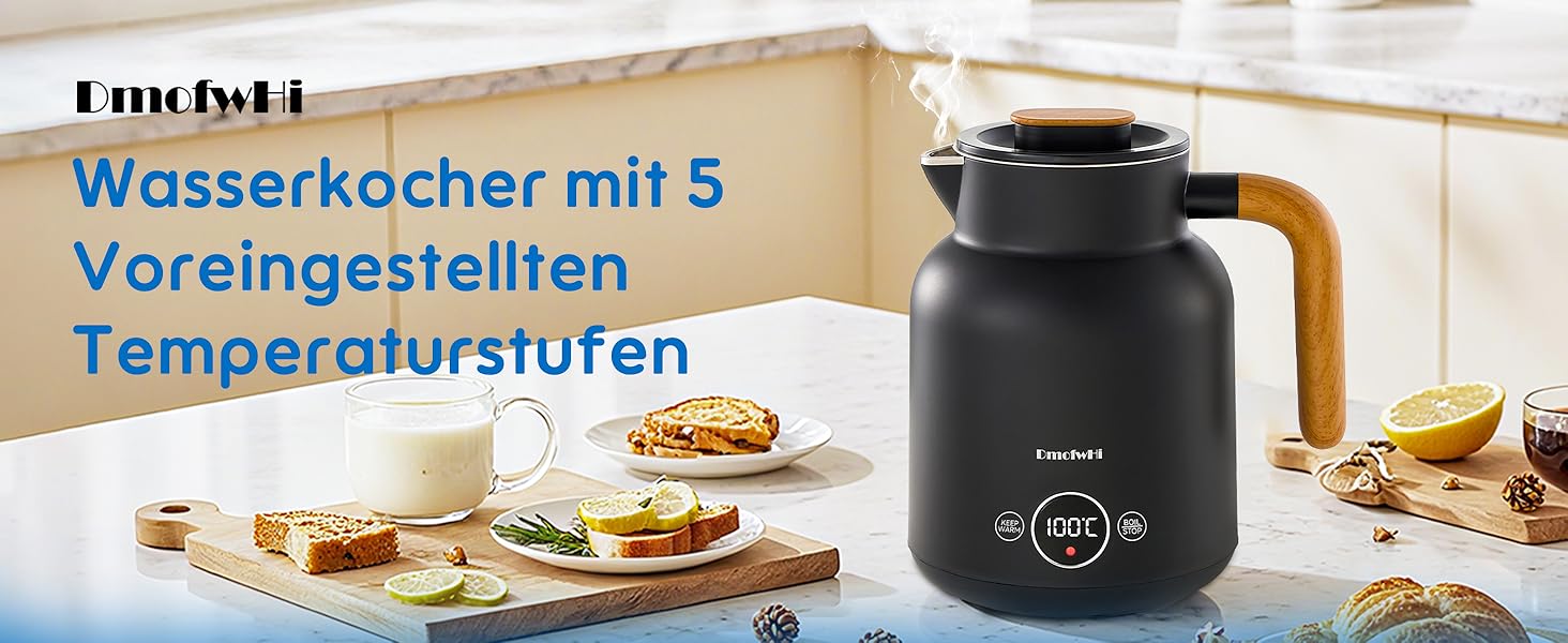 Електричний чайник з регулюванням температури DmofwHi, 1.0л, 1000W, з LED-індикатором, подвійні стінки, без BPA, автоматичне вимкнення та захист від сухого кип'яття (чорний)
